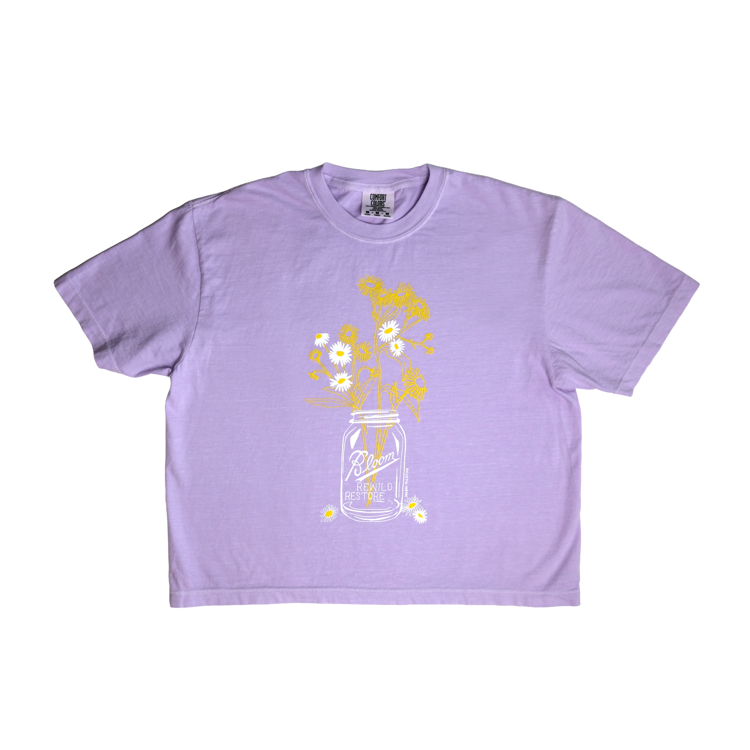 Bloom t-shirt – lavendar colored boxy crop tee, with mason jar holding daisy fleabane wildflowers. Mason jar says 'Bloom' and underneath it 'RESTORE REWILD'.